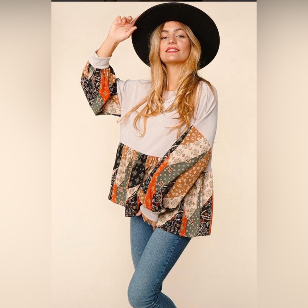 HAPTICS BUBBLE LONG SLEEVE BOHO
PATCHWORK PEPLUM … - image 1